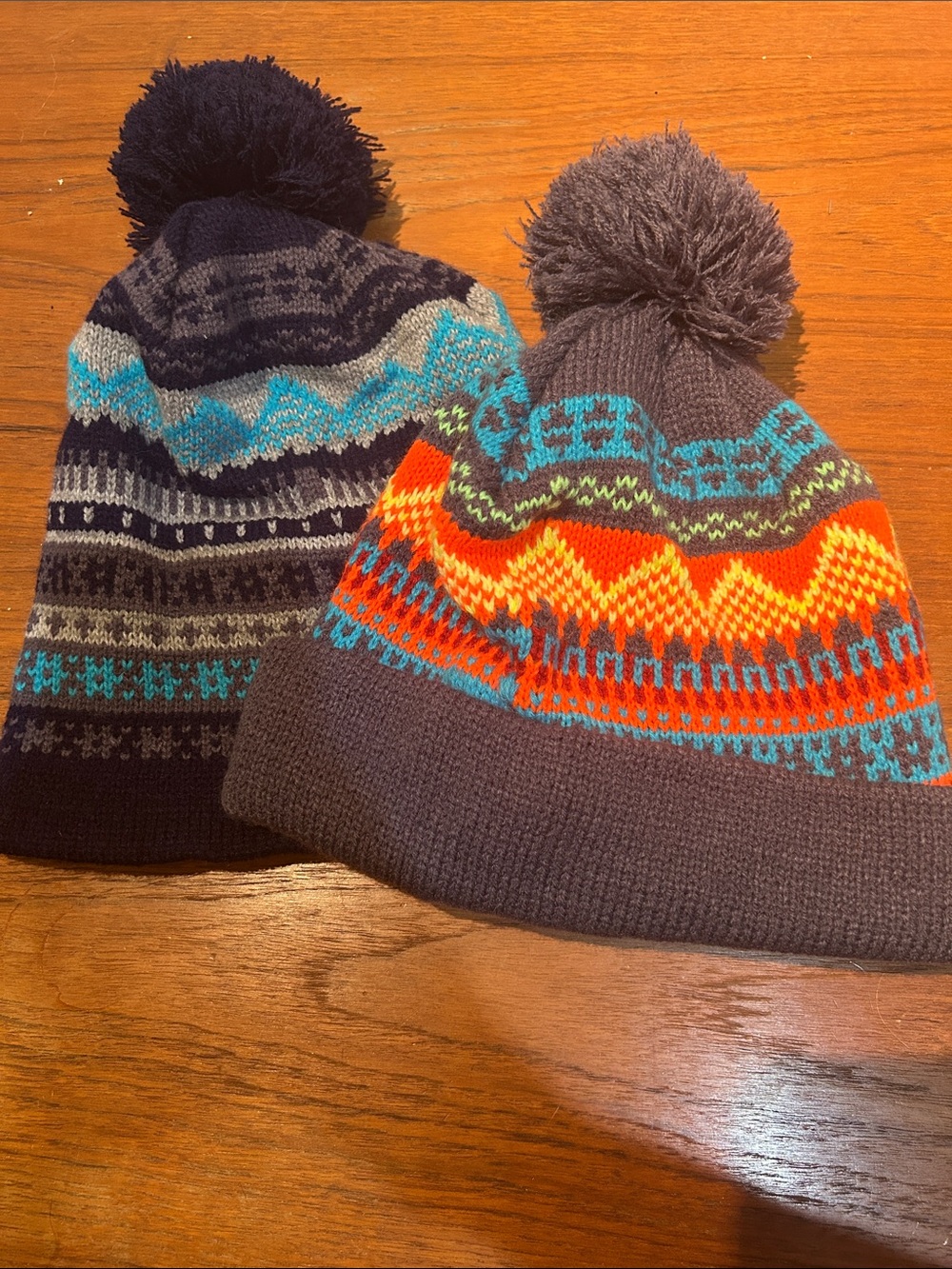 (2) Retro Tribal Geometric Pattern Pom Pom Knit Beanie Hat Cap Soft Warm